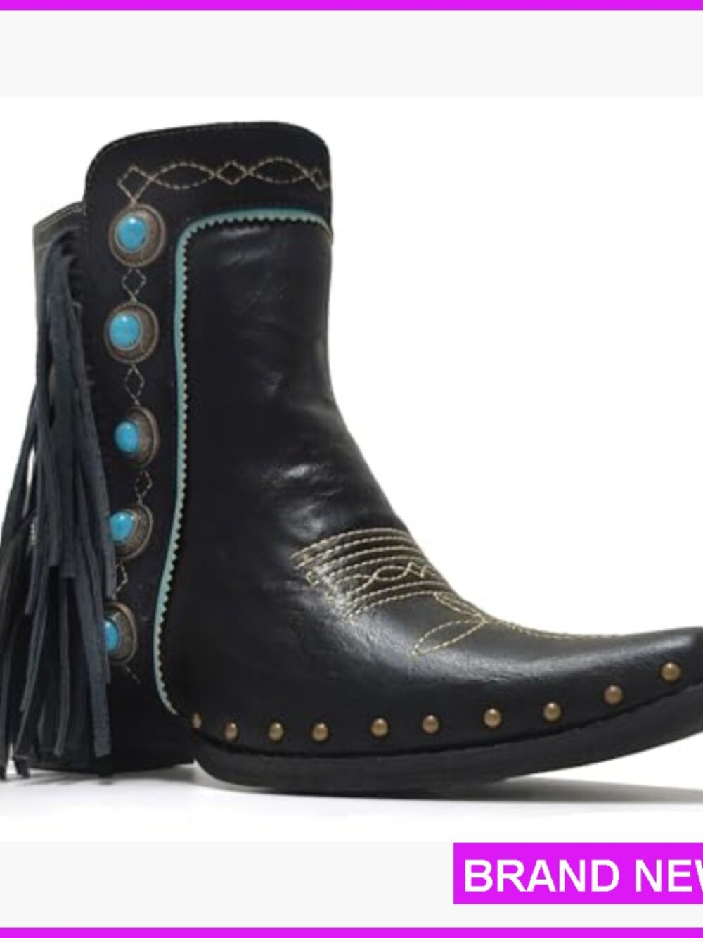 Western Fringe Booties Studded Turquoise Stones Ankle Boots Block Heel - Picture 4 of 7